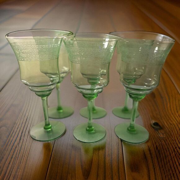 Set of 6 Uranium Glass Stem Etched Floral Wine Vintage Glasses - Picture 2 of 9